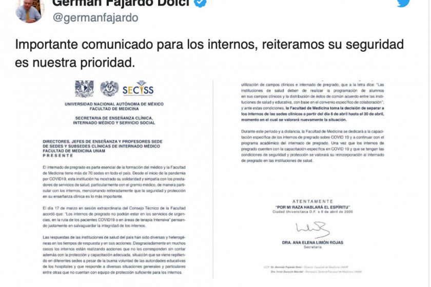 A pesar de lo que dicen López-Gatell y AMLO: El IPN y UNAM retiran a sus Internos de sede clínicas por falta de garantías.